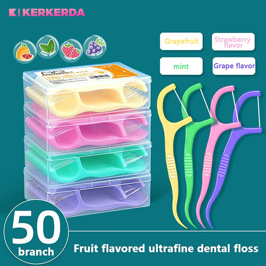 50Pcs/Box Floss Toothpick Set Colorful Fruit Flavour